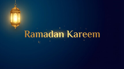 Ramadan Kareem greeting with glowing lantern on blue background.