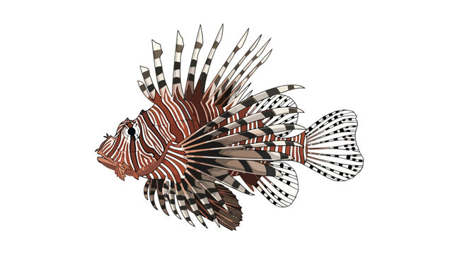 Pixel art illustration of a reddishbrown and white striped lionfish on a white background