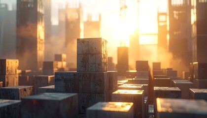 A dystopian cityscape at sunset. Concrete cubes, remnants of buildings. Dust and light create a warm, hazy atmosphere