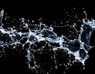 A dynamic, high-speed capture of clear liquid splash against a stark black backdrop, showcasing intricate formations