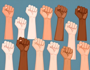 A diverse collection of cartoon fists, representing various skin tones, raised in unity against a simple blue backdrop