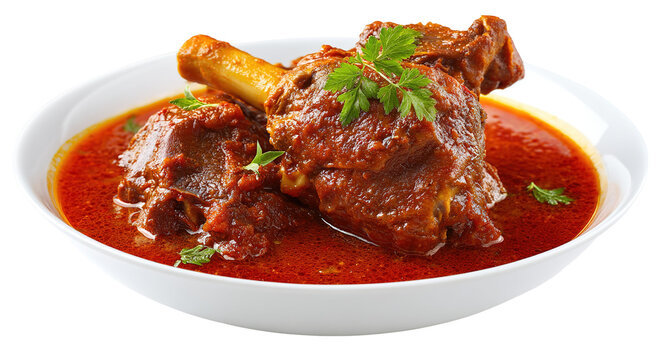 Top view of mutton curry isolated on white background