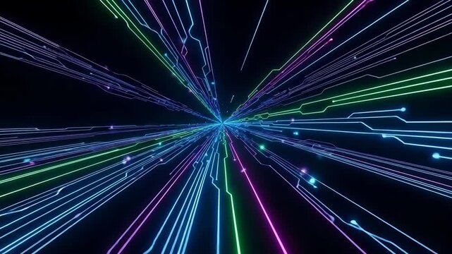 Vibrant neon lines radiate from a central point on a dark background creating a dynamic visual effect