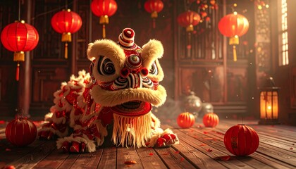 Chinese Lion Dance Costume on Wooden Floor with Lanterns