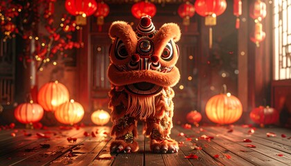 Chinese Lion Dance Costume with Lanterns and Blossoms