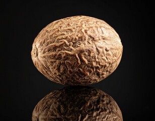 Obraz premium Elegant studio photograph of a whole nutmeg, revealing its rich, textured surface with a perfect symmetrical reflection on a dark, glossy background, ideal for editorial food themes