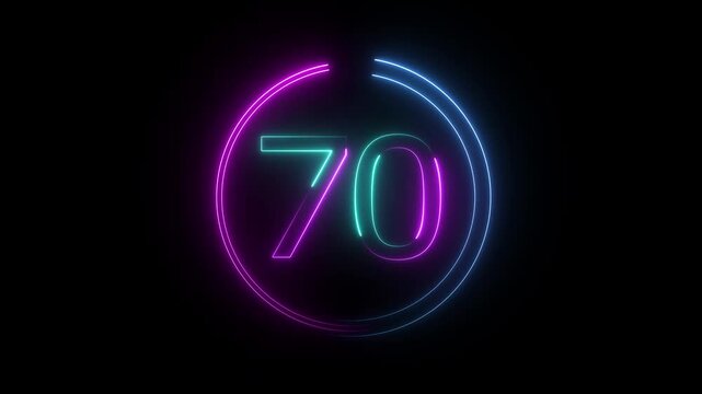 A dynamic circular animation, and glowing neon number 70 animation . on a black background. and creating a stunning video.4k video