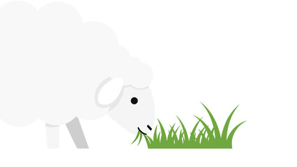White stylized sheep grazing on green grass against a white background