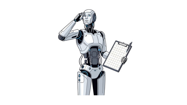 White humanoid robot salutes while holding a clipboard isolated on white