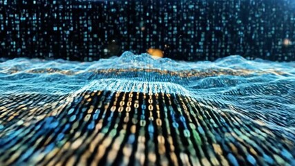 A digital representation of binary code flowing like a wave, with glowing blue and green numbers on a dark background