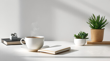 Minimalist White Workspace With Steaming Coffee Cup Notebook And Green Plants
