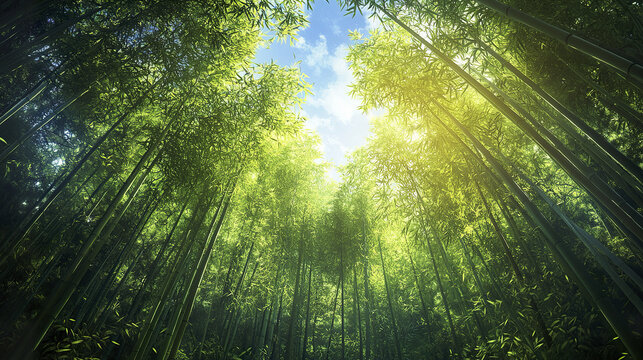 Bamboo forest with tall green stalks and sunlight filtering through leaves under blue sky, creating peaceful and vibrant natural landscape scene