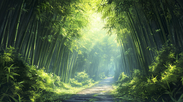 Bamboo forest path with sunlight filtering through tall green bamboo stalks and lush undergrowth, creating peaceful and serene natural landscape scene