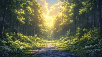 Obraz premium Sunlit forest path with lush green trees and foliage under bright sky, creating peaceful and inviting woodland atmosphere in natural outdoor setting