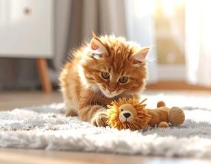A fluffy orange kitten sits on a shaggy rug, fixated on a small lion toy. Soft sunlight streams through a window