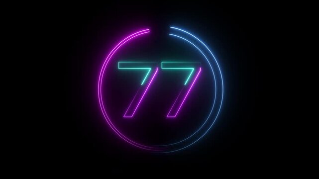 A dynamic circular animation, and glowing neon number 77 animation . on a black background. and creating a stunning video.4k video