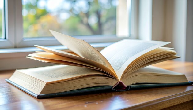Open Book on Wooden Table Near Window with Autumn Foliage - Powered by Adobe