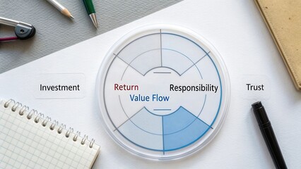 Circular Diagram of Value Flow Concept Highlighting Investment, Return, Responsibility, and Trust on Desk Surfaces