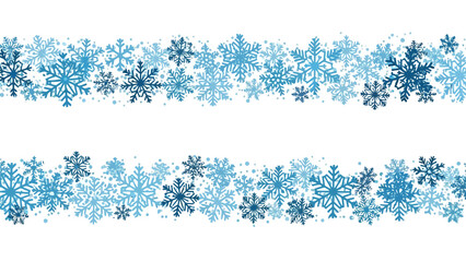 Two horizontal borders of various blue and white snowflakes on a white background