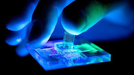 close-up showing a transparent hand manipulating a miniature, glowing cube labeled ReRAM, demonstrating its potential for massive, high-density data storage. The cube projects a complex holographic 