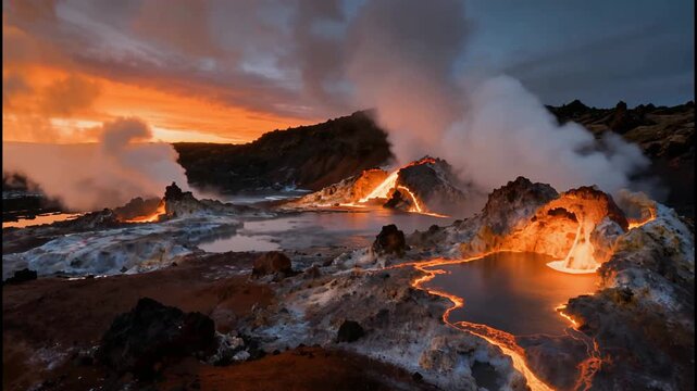 Volcanic Eruption at Dusk with Fiery Lava Flow and Steaming Vents