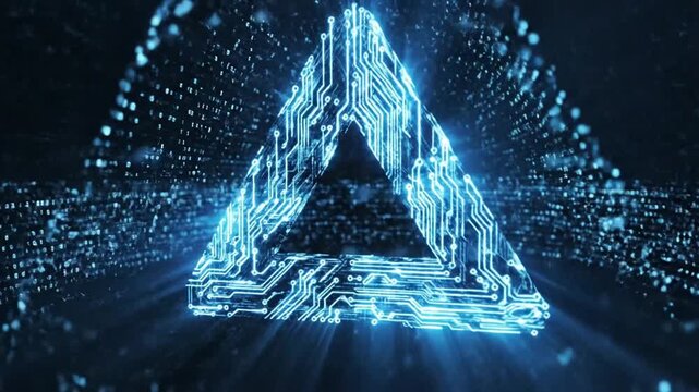 Dynamic blue triangle circuit board animation with digital data stream, perfect for tech presentations and futuristic designs, cutting edge innovation
