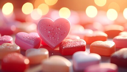 Close-up of heart-shaped candies in various colors, with a main focus on a pink one, and soft bokeh background