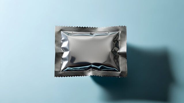 A silver foil condom wrapper on a light blue background