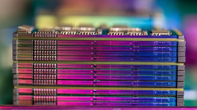graphic showing the cross-section of a memory stack: the bottom layers (SRAM, DRAM) are colored gray and blurry, while the top, newest layer (ReRAM) is sharp, colorful, and highly efficient. 