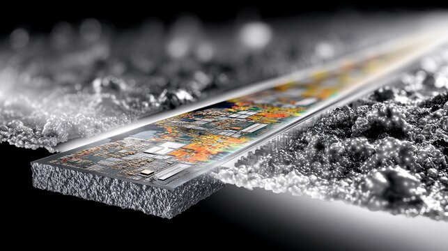 graphic showing the cross-section of a memory stack: the bottom layers (SRAM, DRAM) are colored gray and blurry, while the top, newest layer (ReRAM) is sharp, colorful, and highly efficient. 