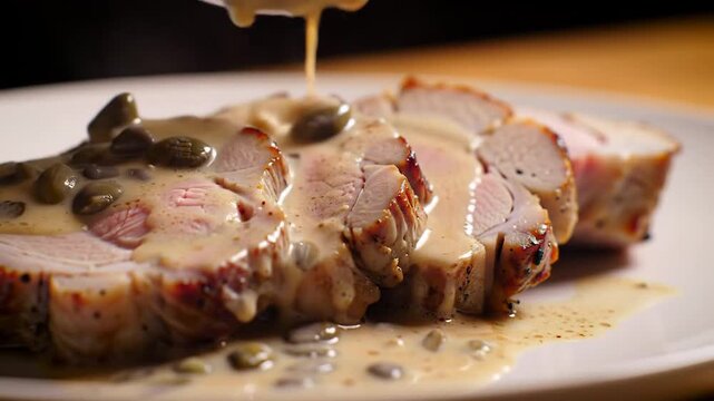 Sliced pork tenderloin with caper sauce served on a plate, close-up, black background for food blogs