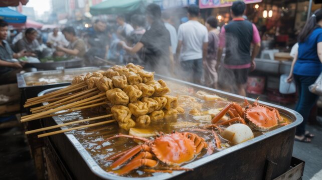 Vendor Holding Bunch of Korean Eomuk Fish Cake Skewers Over Steaming Broth with Red Crabs and Radish at Street Food Market