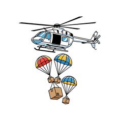 helicopter drops aid boxes using parachutes. isolated on white background.