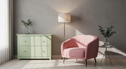 Elegant living room corner featuring a plush pink armchair and vintage dresser