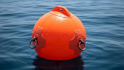 A bright orange marine buoy floating on the surface of calm blue water under natural light.