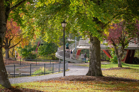 Several people on the ramp to a footbridge in a city park in fall