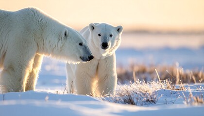 Two polar bears stand in a snowy, grassy landscape illuminated by a soft, golden sunrise, facing toward the viewer
