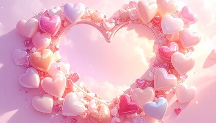 A heart-shaped frame, filled with many pink and white hearts, lies in front of a soft pink, cloudy background. A romantic and gentle vibe is given