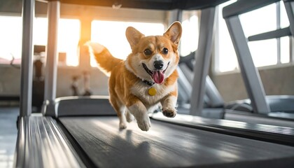 A happy, smiling corgi dog runs on a treadmill in a brightly lit gym, enjoying his exercise