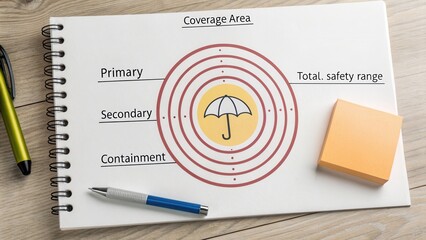 Conceptual illustration of safety range coverage area with umbrella on paper and stationery tools on wood background