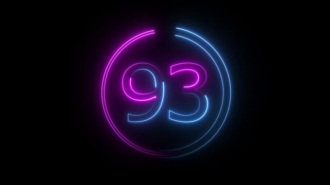 A dynamic circular animation, and glowing neon number 93 animation . on a black background. and creating a stunning video.4k video