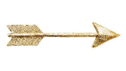 Single golden arrow with detailed feather fletching lying diagonally on white surface, close-up archery equipment photography
