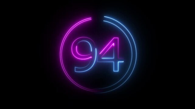 A dynamic circular animation, and glowing neon number 94 animation . on a black background. and creating a stunning video.4k video
