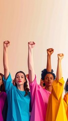 Fototapeta premium Diverse group of women in vibrant colors stand together with their fists raised in solidarity against a light background