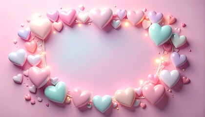 A heart-shaped arrangement of pastel-colored hearts encircles a blank space on a pink backdrop, twinkling lights add a festive touch