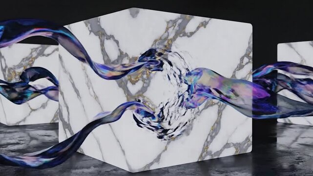 Iridescent fabric flowing through white marble blocks