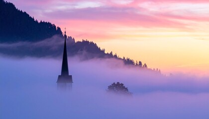 a stunning sunset over a misty hill with a church steeple