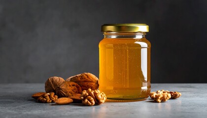 A jar of golden liquid sits beside a pile of walnuts on a mottled grey surface, the background is a blurred grey