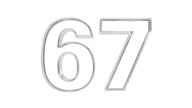Silver Numbers 67 on White Background