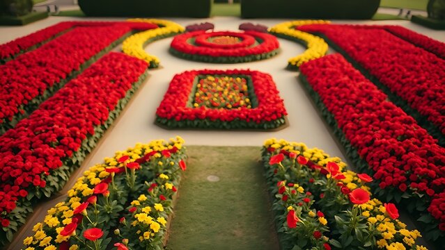 parterre. Symmetrical garden flower beds with red and yellow blossoms, geometric patterns. gardening catalogs, home-decor guides, designed for gardening and botanical catalogs.